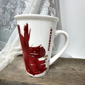 2014 white STARBUCKS Tall COFFEE MUG Red paint strokes Artistic 12 oz